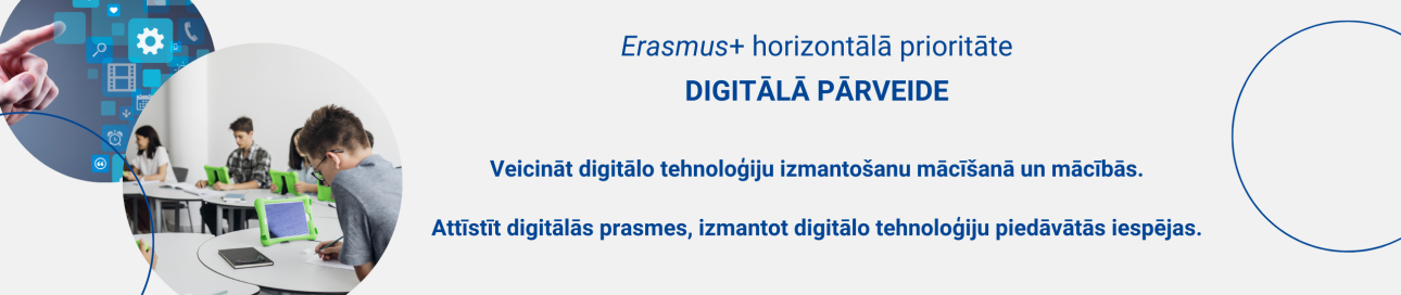 Skolēni sēž skolā pie galdiem, uz kuriem katram ir nolikts planšetdators