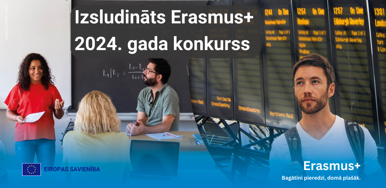 Dzelzceļa stacijā turists ar mugutsomu, klase ar pasniedzēju un diviem studentiem