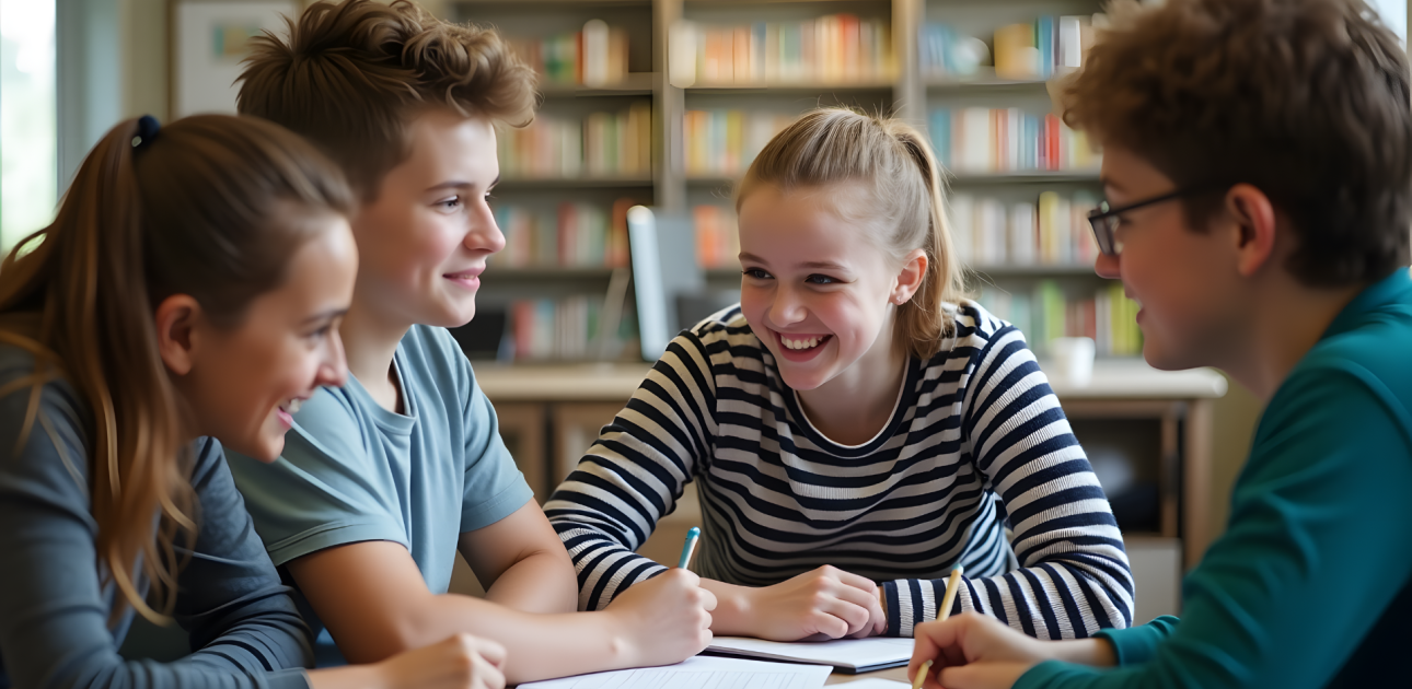 Skolēni sēž pie galda, mācās bibliotēkā, grāmatu plaukti