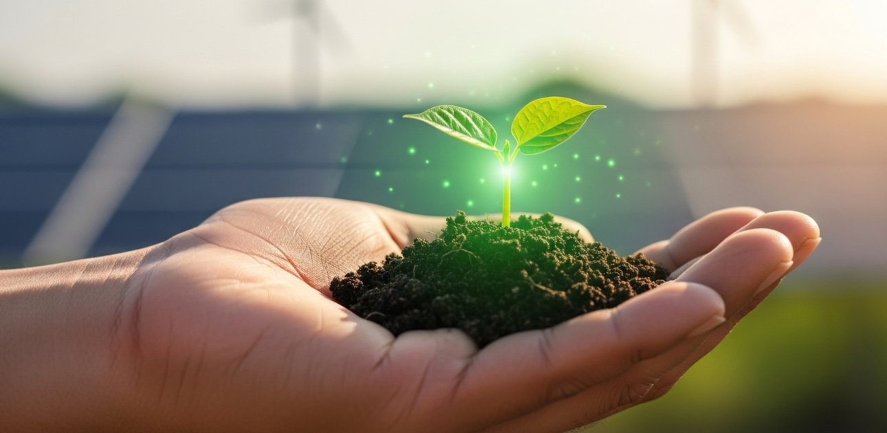 atvērta plauksta, uz tās zeme un dīkstošs, zaļš asns