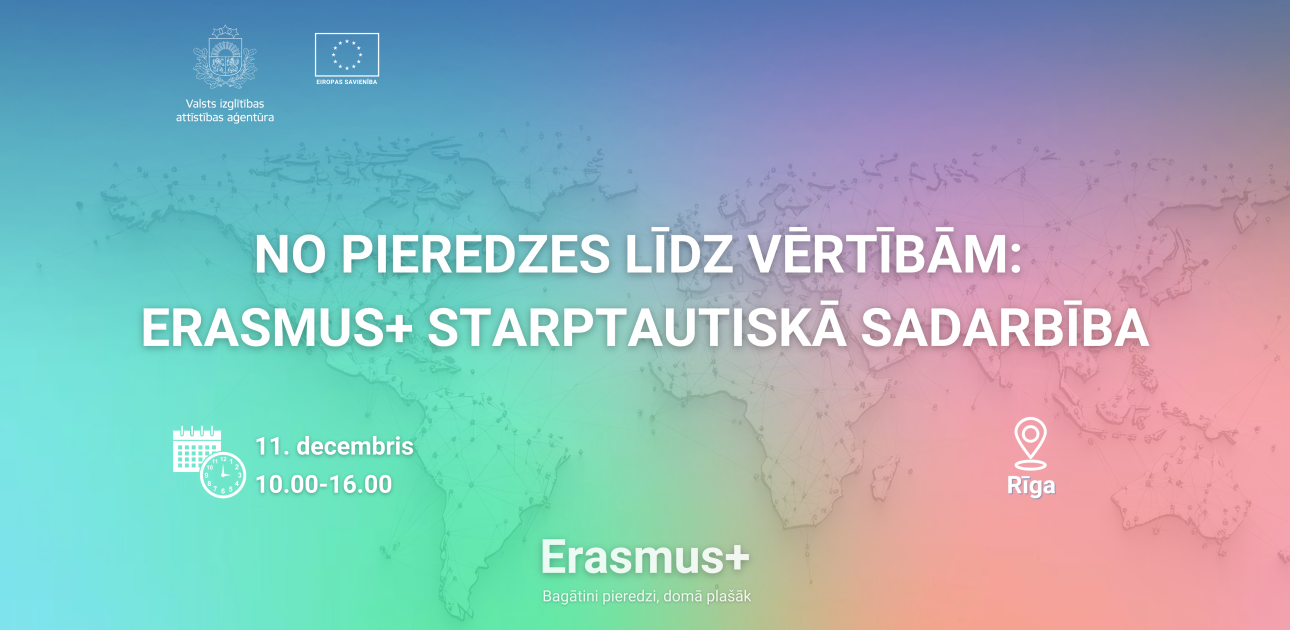 krāsains fons, datums, norises vieta, Erasmus+ pasākuma nosaukums, pasaules kontūra fonā