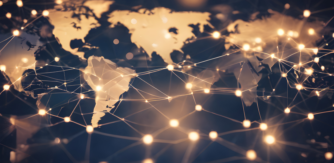 Pasaules karte, tīklošanās punkti, kas savienoti savstarpēji