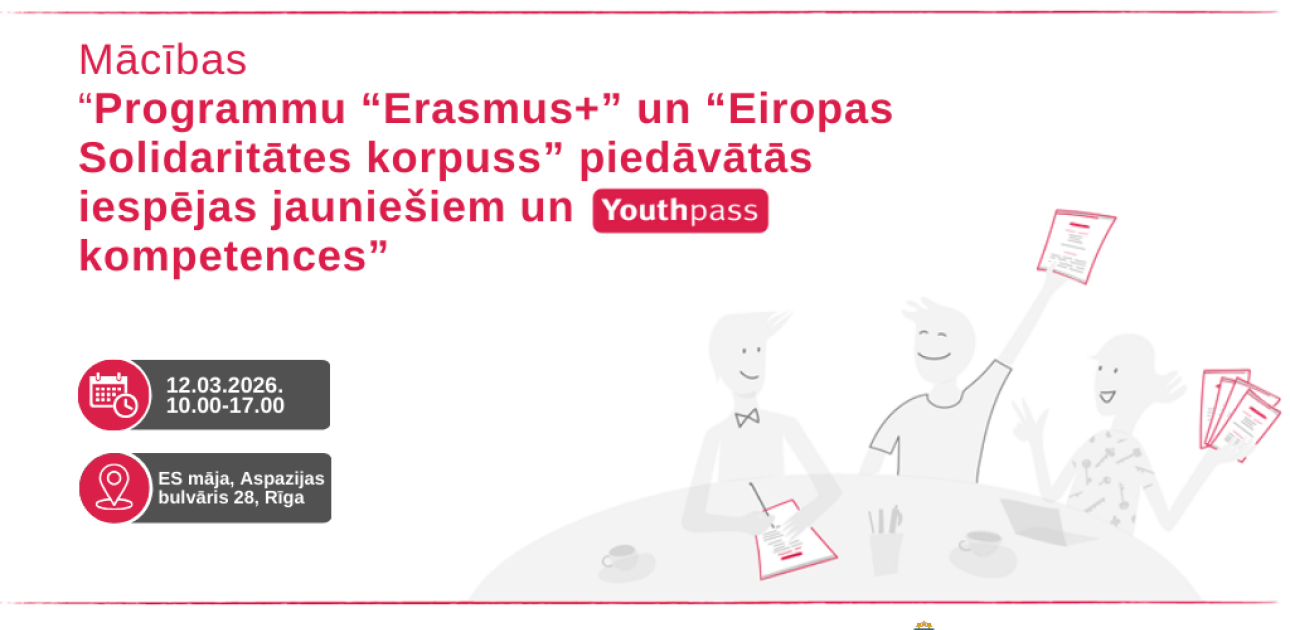 Aicinām pieteikties mācībām par “Erasmus+” un “Eiropas Solidaritātes korpuss” piedāvātajām iespējām jauniešiem un Youthpass kompetencēm