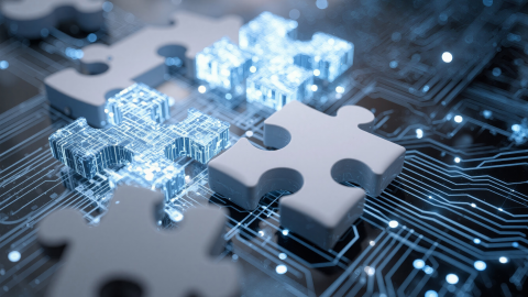 3d puzles gabaliņi, daži no tiem kā mikroshēmas