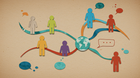 Krāsainu cilvēku ikonas, globuss, tīklošanās, komunikācija