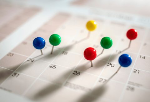 Attēlā redzams kalendārs ar krāsainām piespraudēm