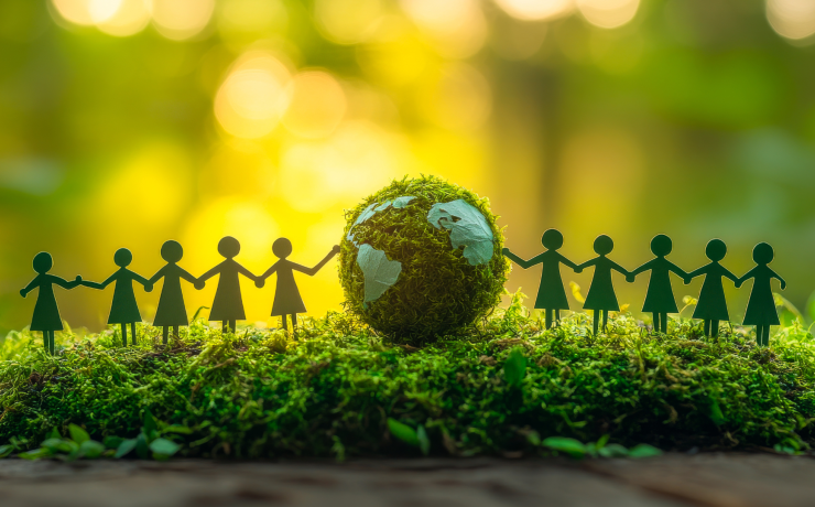 Figūras sadevušās rokās ap sūnām klātu globusu, simbolizējot vides ilgtspēju.